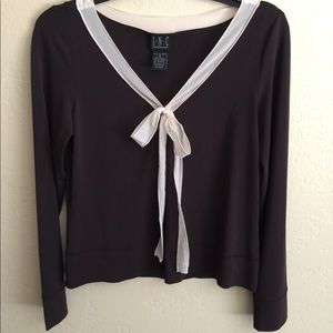 INC Brown stretchy top with cream neckline tie